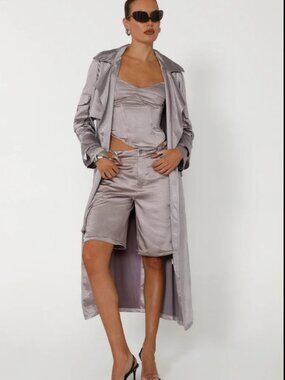 BY.DYLN Silver Isabella Satin Trench, Jude Corset, Lena Shorts